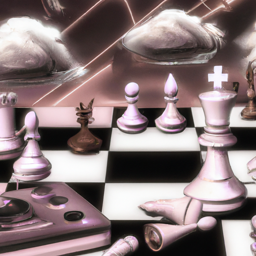 A surreal chessboard floating amidst cloud-like circuits in a dreamy, pastel-hued sky, embodying a blend of technology and strategy, rendered in a fluffy, airbrushed art style.